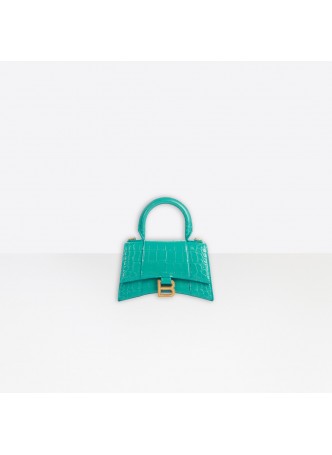 BALENCIAGA Hourglass XS Top Handle Bag in dark turquoise shiny crocodile embossed leather 5928331LR