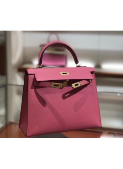 HERMES Lipstick Pink Kelly 25CM Gold Buckle Bag H1812