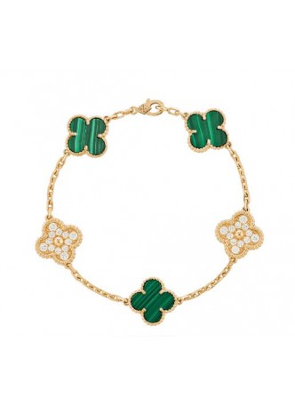 Van Cleef & Arpels Vintage Alhambra bracelet, 5 motifs Yellow gold, Diamond, Malachite VCARO7GQ00