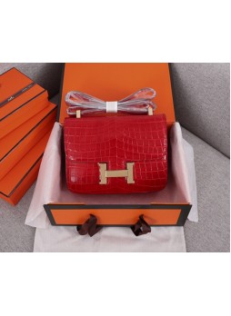 HERMES Constance 22cm Crocodile Pattern Gold Buckle Bag C9120  