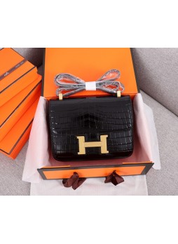 HERMES Constance 22cm Crocodile Pattern Gold Buckle Bag C9220  