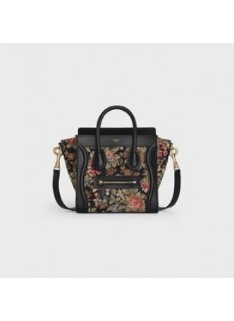 CELINE NANO LUGGAGE BAG IN FLORAL JACQUARD AND CALFSKIN  189242