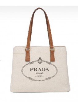 Prada Small linen blend and leather tote 1BG356